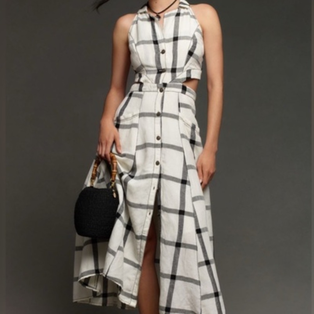Anthropologie Pilcro Halter Plunge Linen Midi Dress - Picture 1 of 6